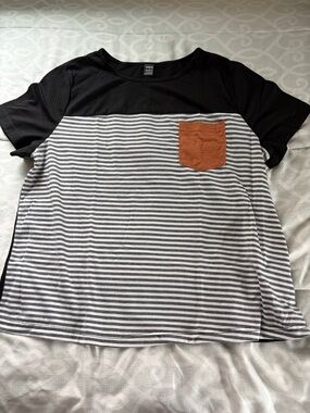 SHEIN Black & Gray Striped Tee with Rust Pocket